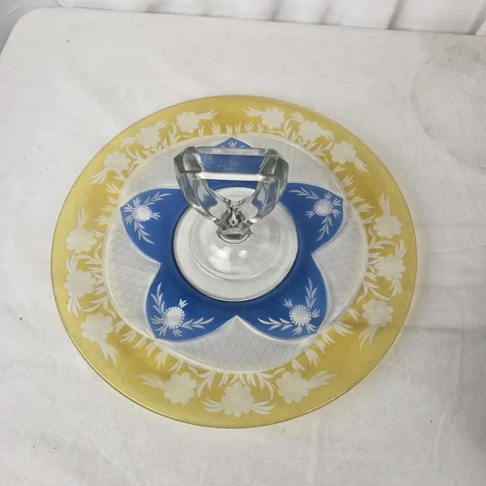 Vintage Westmoreland Crystal Blue Yellow Floral Cut Glass Sandwich Tray Dessert